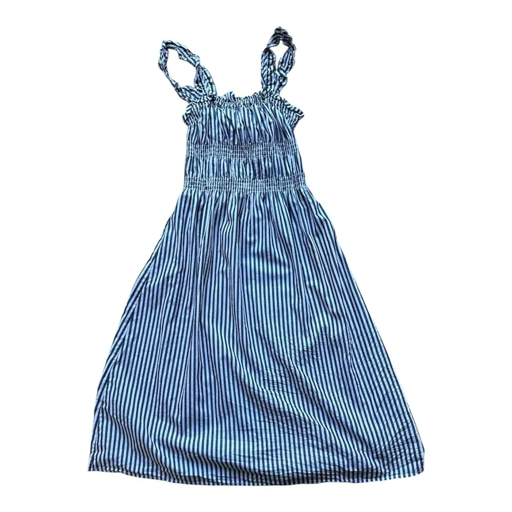 WHO WHAT WEAR Striped Smocked Maxi Dress Blue White Tie Strap Cotton XS